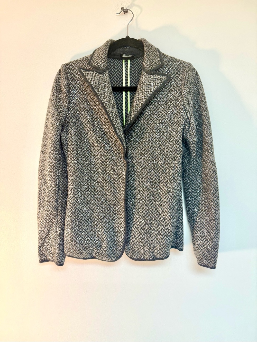 Giorgio Armani Black and Gray Knit Herringbone Blazer with Contrast Trim-sparkly